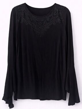 Midnight Velvet Black Lace Long Sleeve Top Size L Sheer Sleeve Blouse